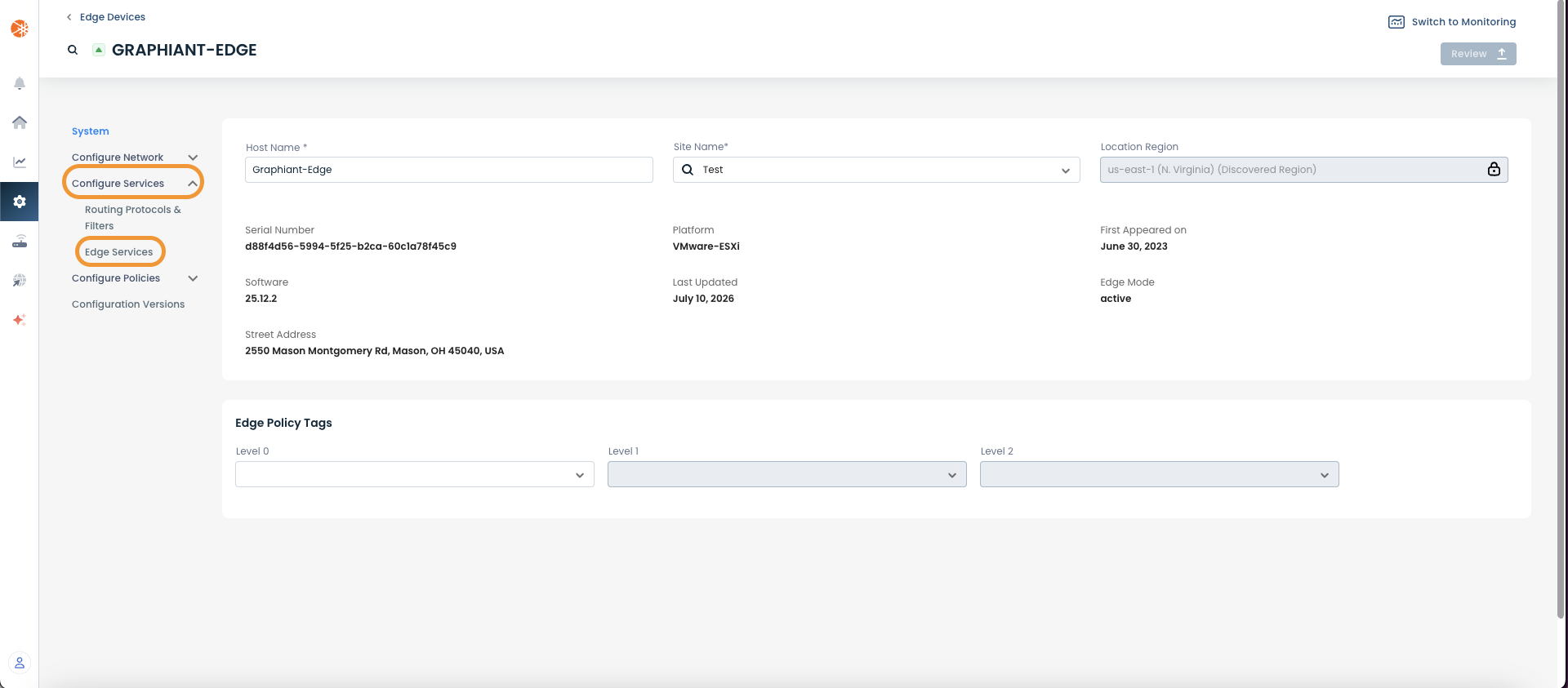 Configuration settings for Graphiant-Edge, including network and service details.